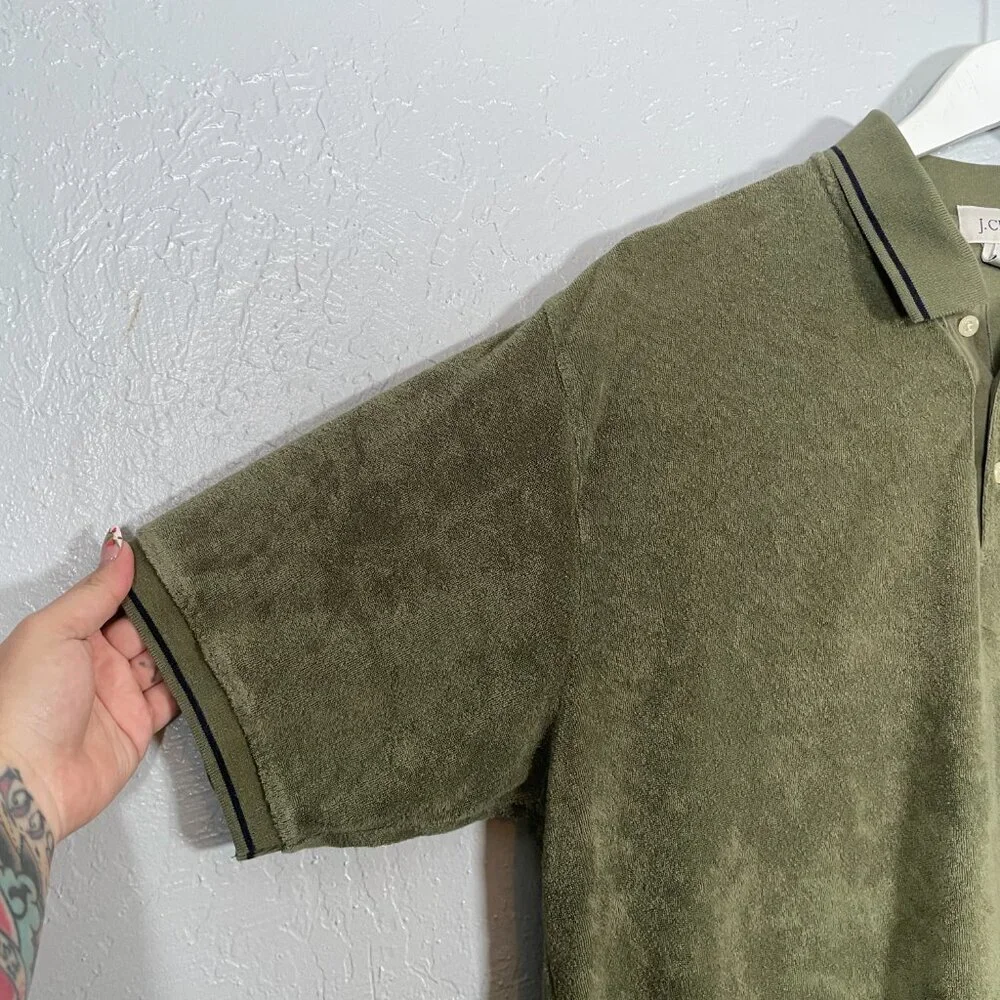 J Crew Men S Olive Green Terry Cloth Polo Shirt Short Sleeve Collared Preppy